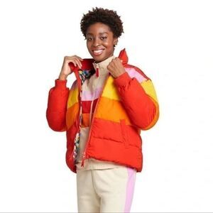 Nwt Lego x Target Women’s Puffer Jacket Ombre Stripes Red Yellow Pink